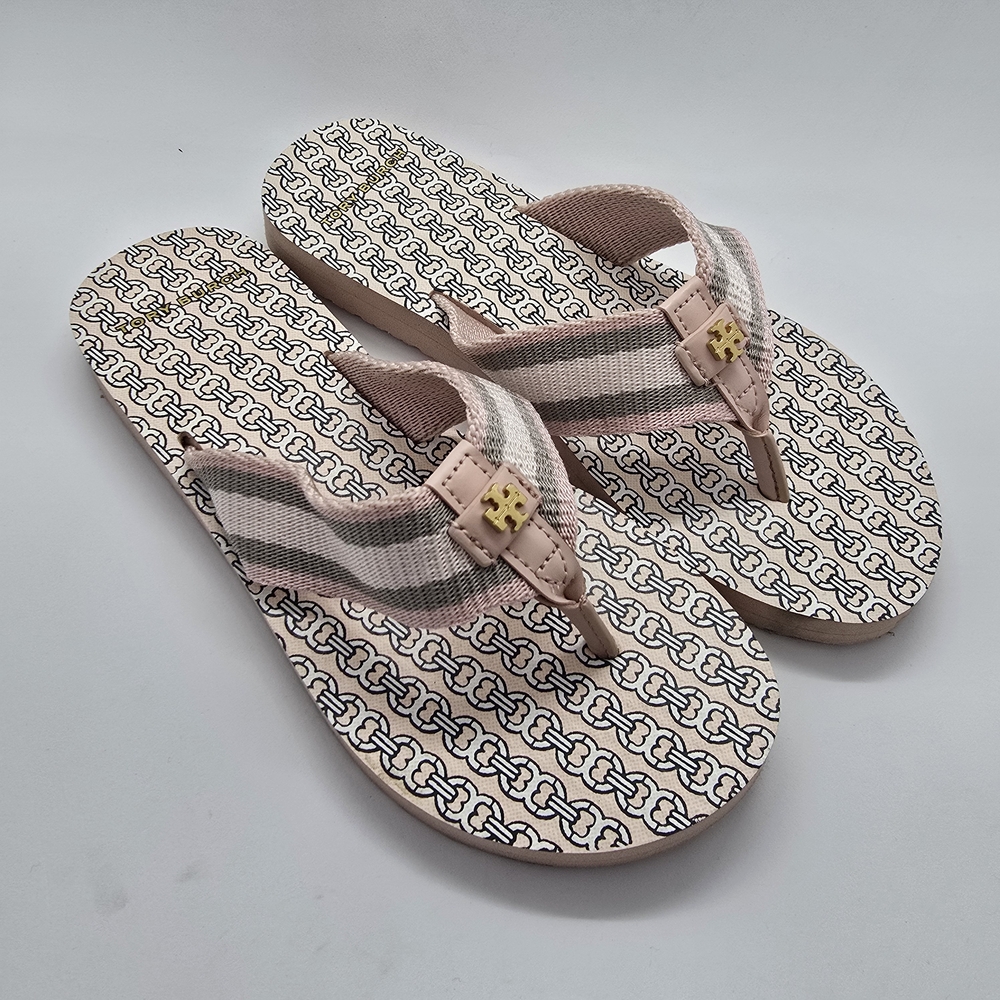 Tory Burch Pink and Tan Patterned Sandals